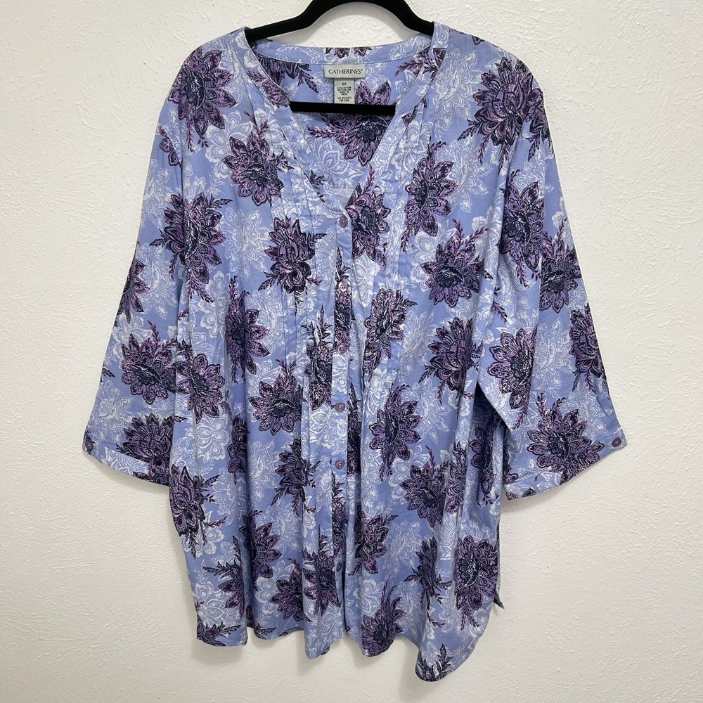 Catherines Purple Blue Pleated Floral Button Up Top Blouse 2X Boho Flowy Mature
